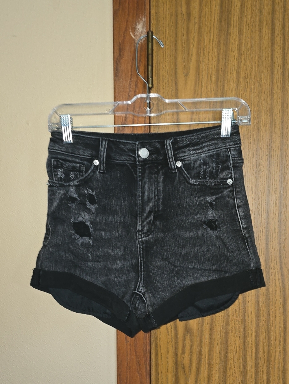 High-Waist Black Distressed Denim Shorts